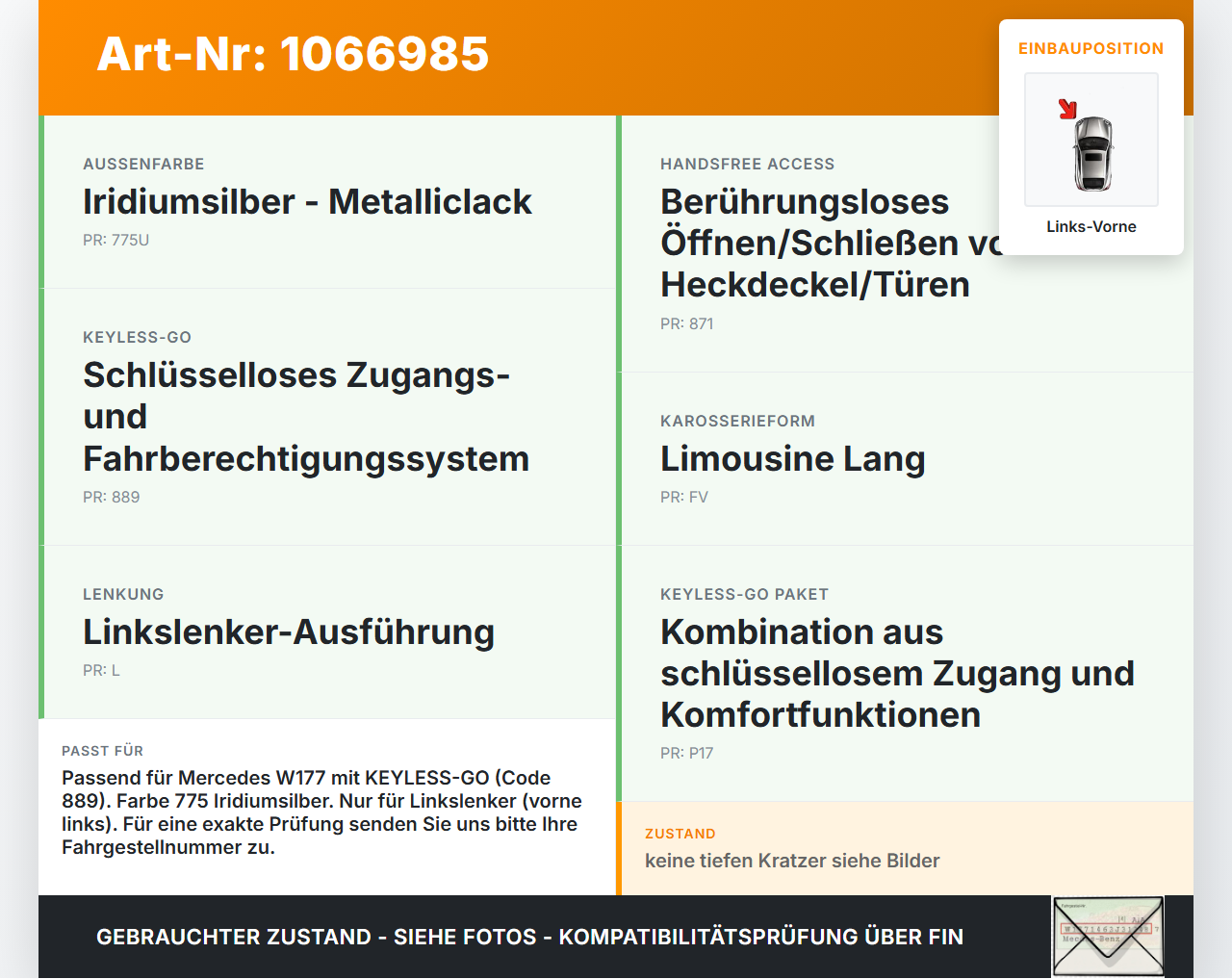 Mercedes W177 A250E 18-22 Lim Türgriff Griff aussen Links Vorne 775 Mercedes W177 A250E 18-22 26.03.2021... Vorschau 3