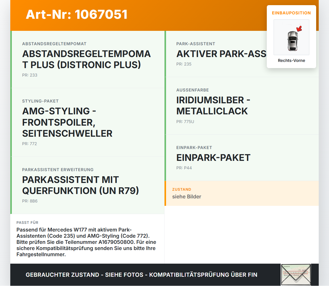 Mercedes W177 A250E 18-22 Abstands Sensor Parksensor PDC Rechts Vorne Mercedes W177 A250E 18-22 26.03.2021... Vorschau 3