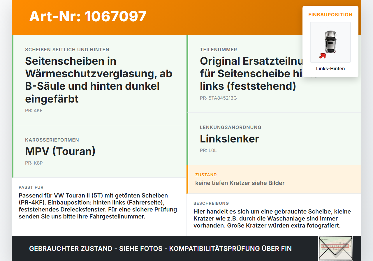 VW Touran II 5T 15-24 Seitenscheibe Dreieck Links Hinten Orig. getönt VW Touran II 5T 15-24 14.12.2015 5TA845213G... Vorschau 3