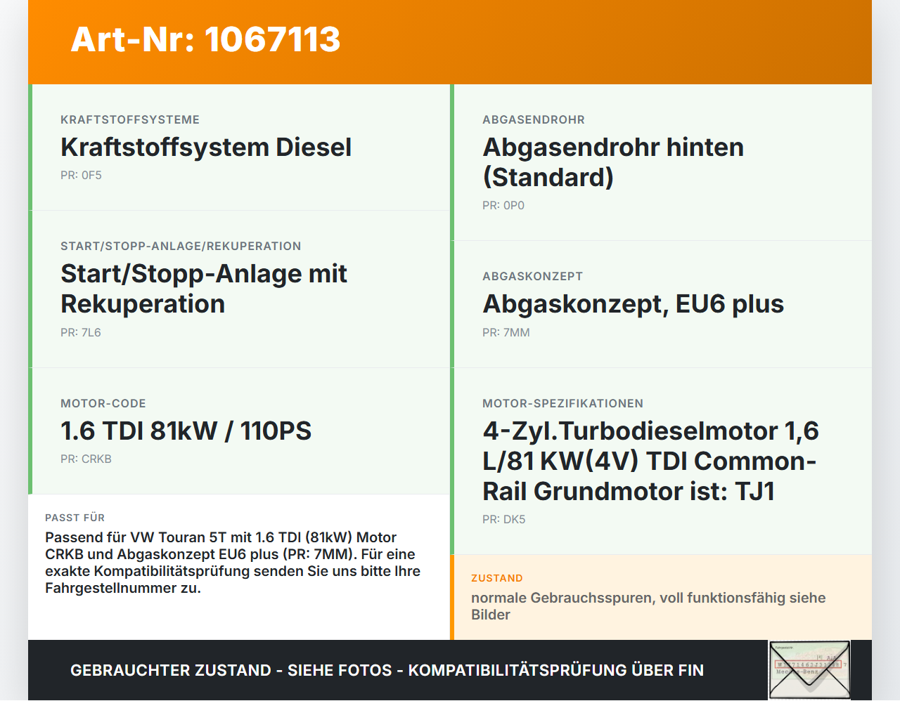 VW Touran II 5T 15-24 TDI 1,6 81KW Katalysator Kat Flexrohr VW Touran II 5T 15-24 14.12.2015 5QA254300MX gebraucht Vorschau 3