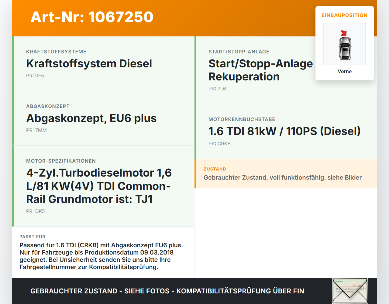 VW Touran II 5T 15-24 TDI 1,6 81KW Lambdasonde Vorne VW Touran II 5T 15-24 14.12.2015 04L906262M gebraucht Vorschau 3
