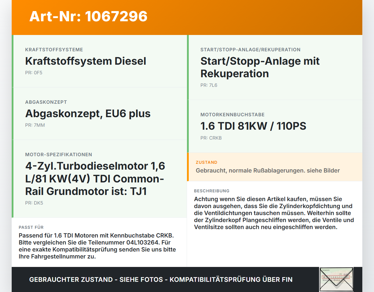 VW Touran II 5T 15-24 TDI 1,6 81KW CRKB Zylinderkopf VW Touran II 5T 15-24 14.12.2015 04L103264 gebraucht Vorschau 3