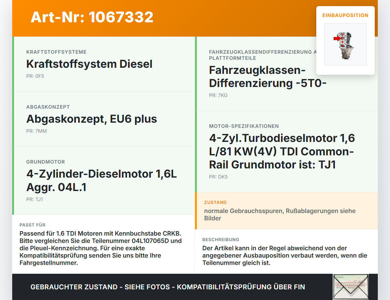 VW Touran II 5T 15-24 TDI 1,6 81KW CRKB Kolben mit Pleuel C VW Touran II 5T 15-24 14.12.2015 04L107065D gebraucht Vorschau 3