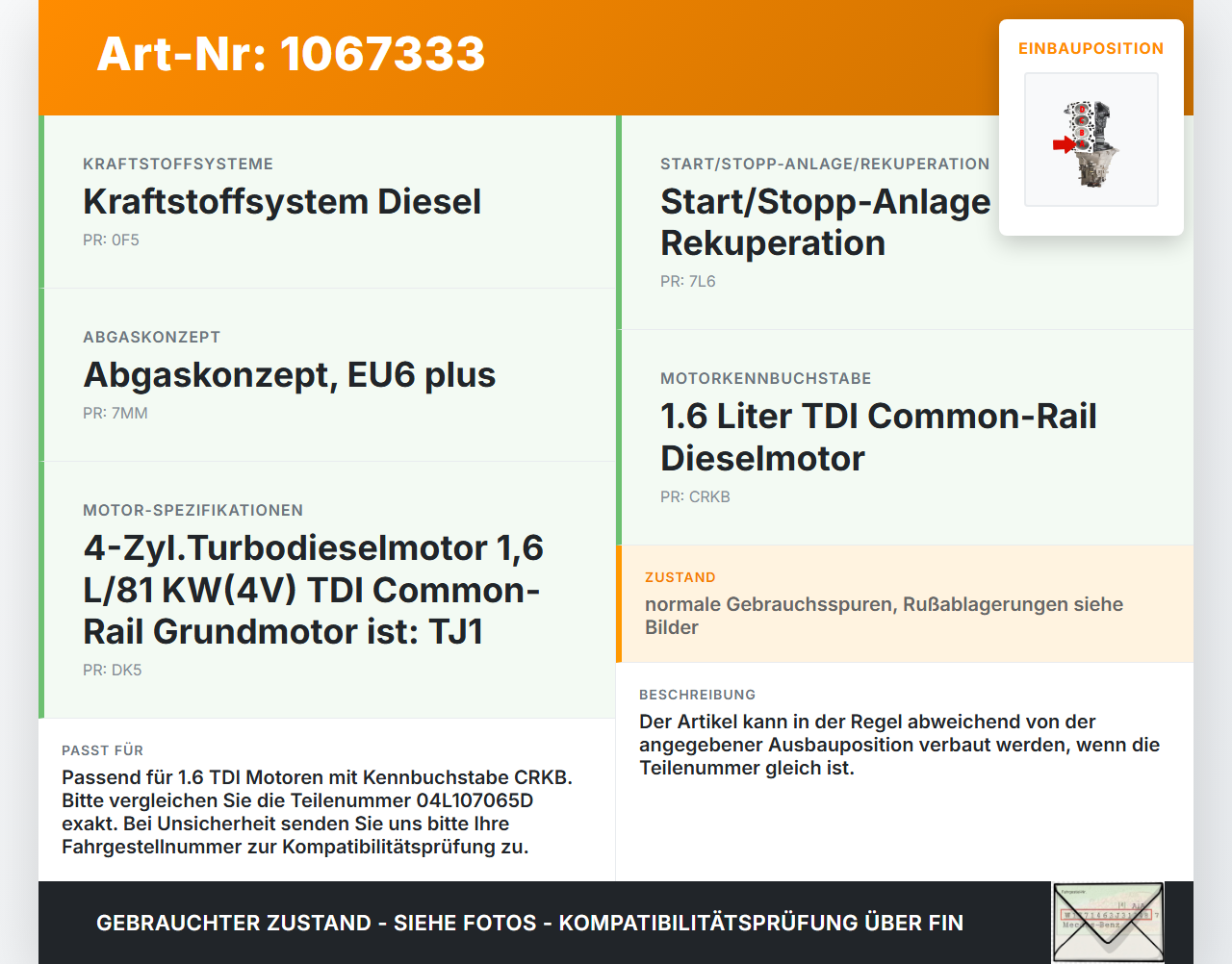 VW Touran II 5T 15-24 TDI 1,6 81KW CRKB Kolben mit Pleuel A VW Touran II 5T 15-24 14.12.2015 04L107065D gebraucht Vorschau 3