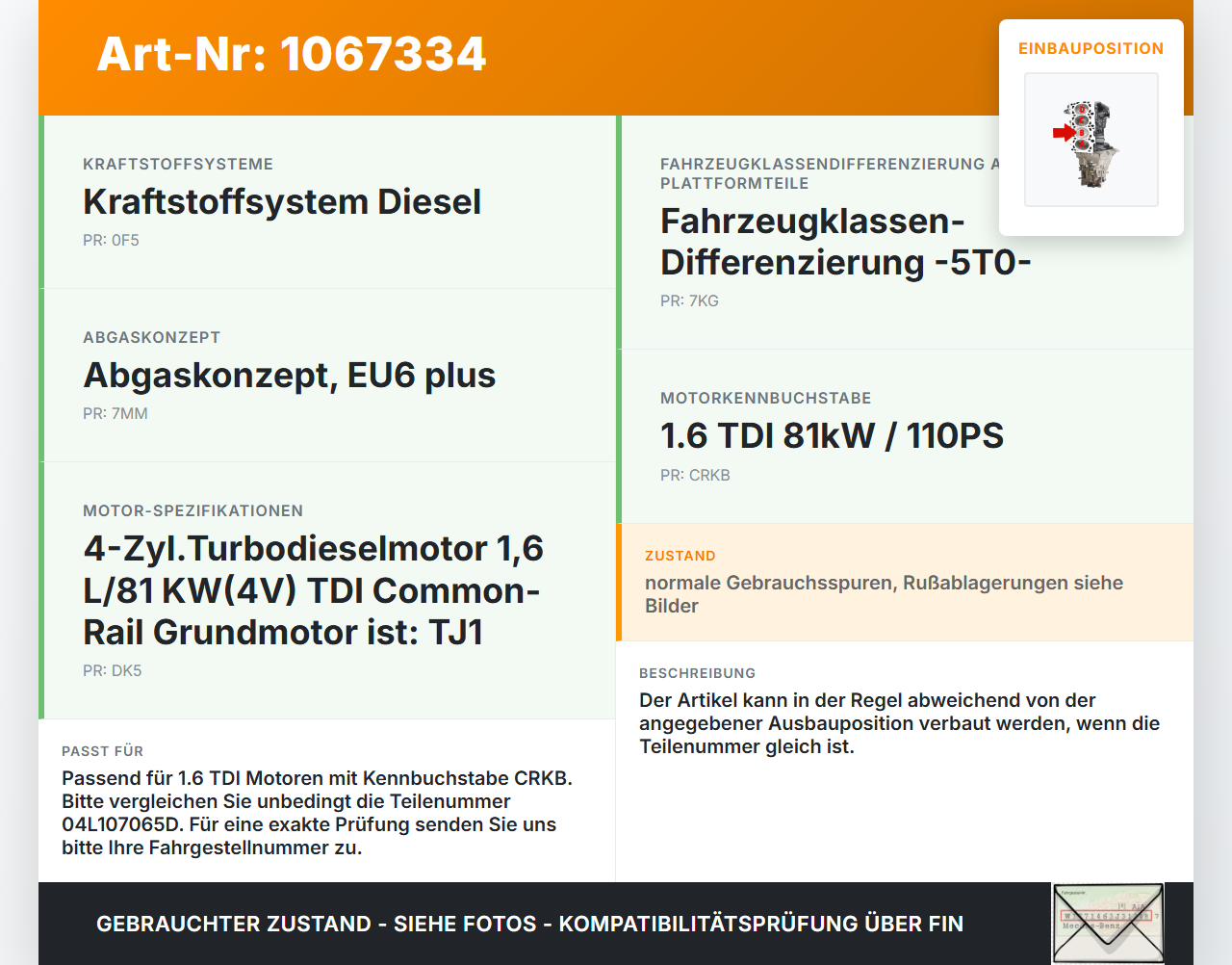VW Touran II 5T 15-24 TDI 1,6 81KW CRKB Kolben mit Pleuel Pos B VW Touran II 5T 15-24 14.12.2015 04L107065D gebraucht Vorschau 3