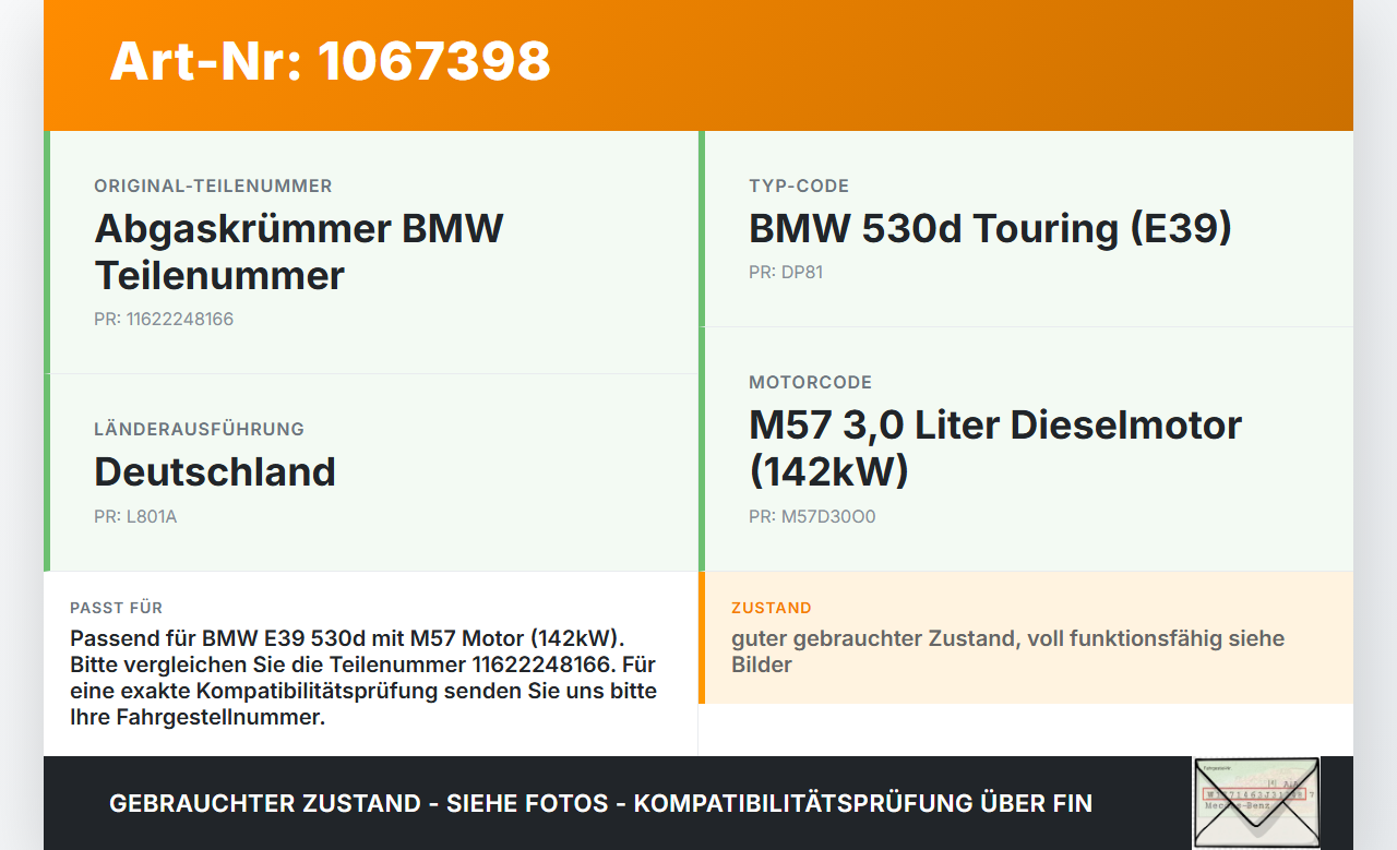BMW 5er E39 530d 00-04 3,0d 142KW M57D30O0 Abgaskrümmer BMW 5er E39 530d 00-04 09.04.2002 2248166 11622248166 gebraucht Vorschau 3