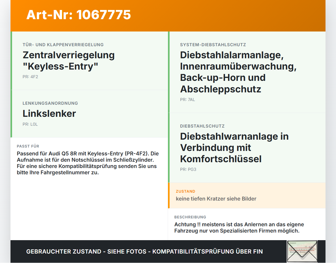 Audi Q5 8R 12-16 Aufnahme Gehäuse für Notschlüssel Werkstattschlüssel Audi Q5 8R 12-16 04.10.2016 8T0837148 gebraucht Vorschau 3