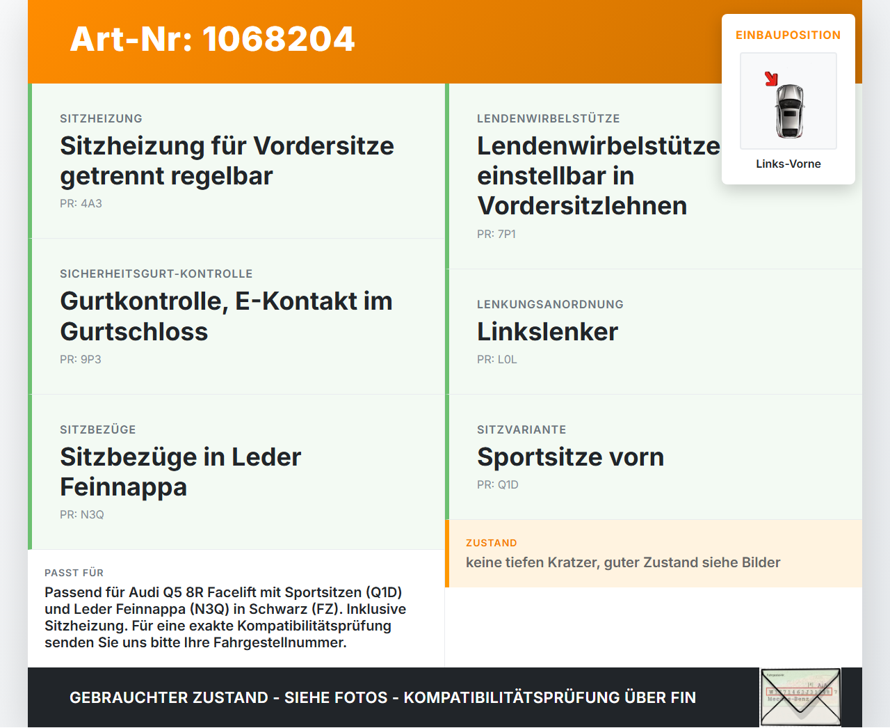 Audi Q5 8R 12-16  Leder Sitzbezug Sitzpolster für Fahrersitz Sitz Links Vorne beheizt Audi Q5 8R 12-16 04.10.2016... Vorschau 3