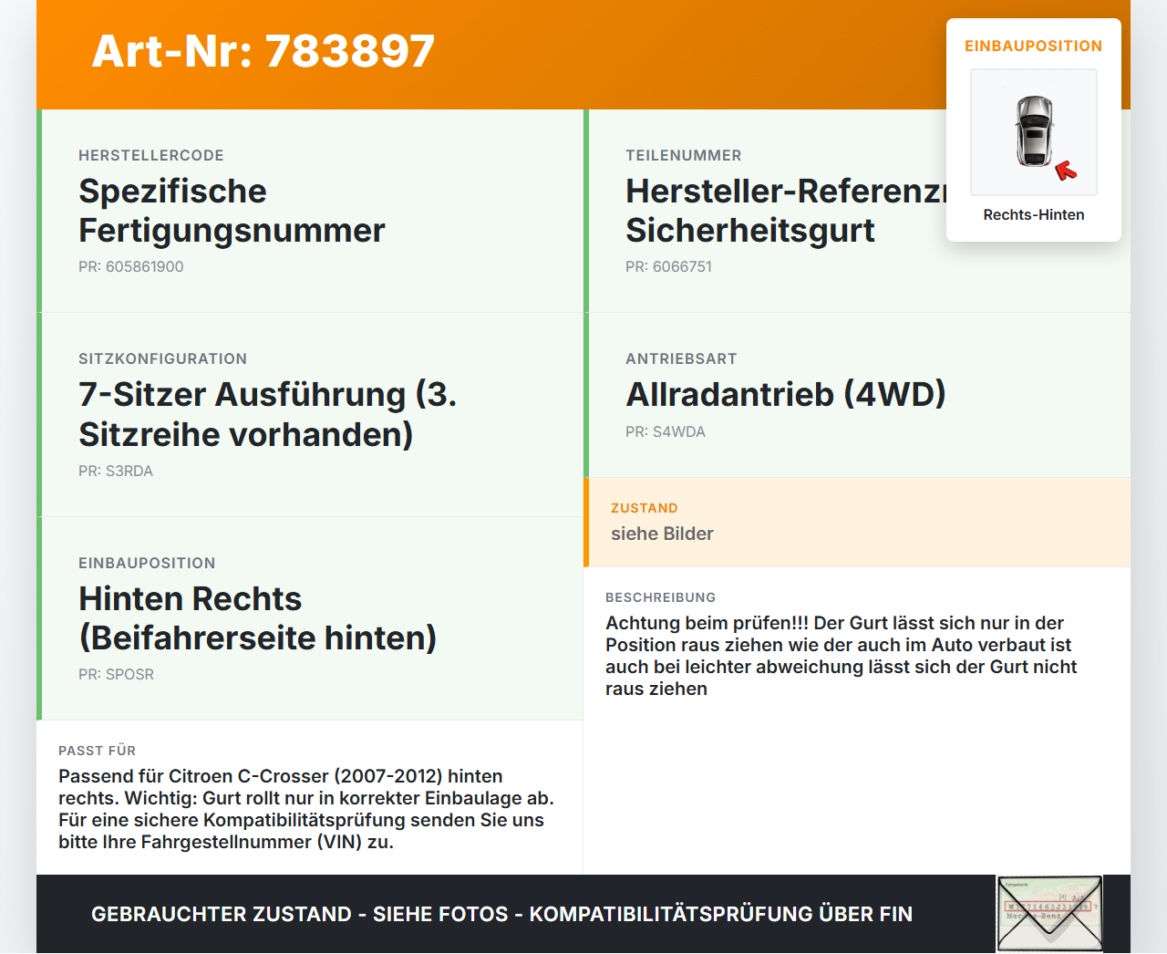Citroen C-Crosser 07-12 Gurt Sicherheitsgurt Rechts Hinten Citroen C-Crosser 07-12 23.01.2008 6066751 gebraucht Vorschau 3