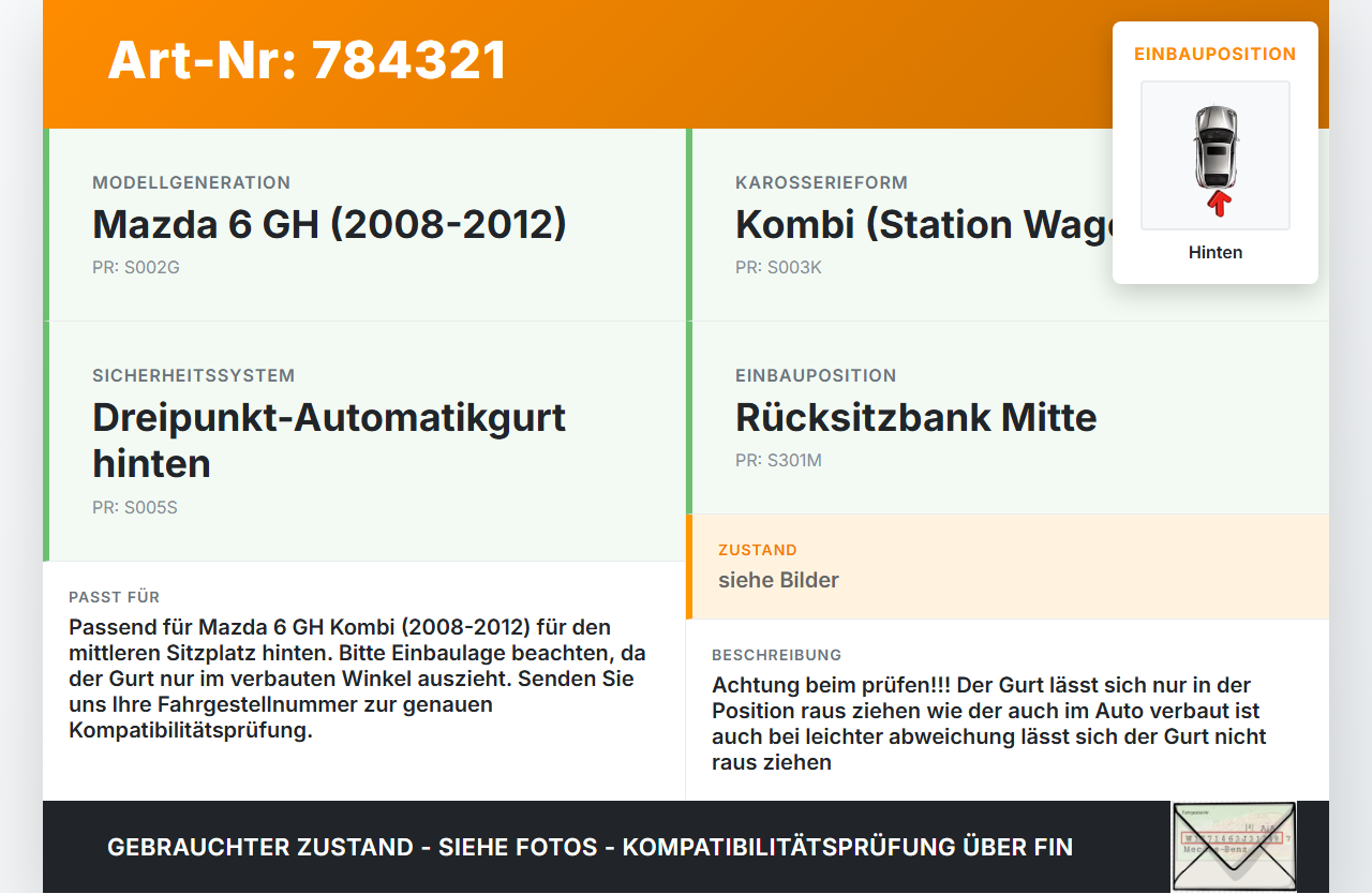 Mazda 6 GH 08-12 Kombi Gurt Sicherheitsgurt Mitte Hinten Mazda 6 GH 08-12 30.09.2009 T0298A gebraucht Vorschau 3