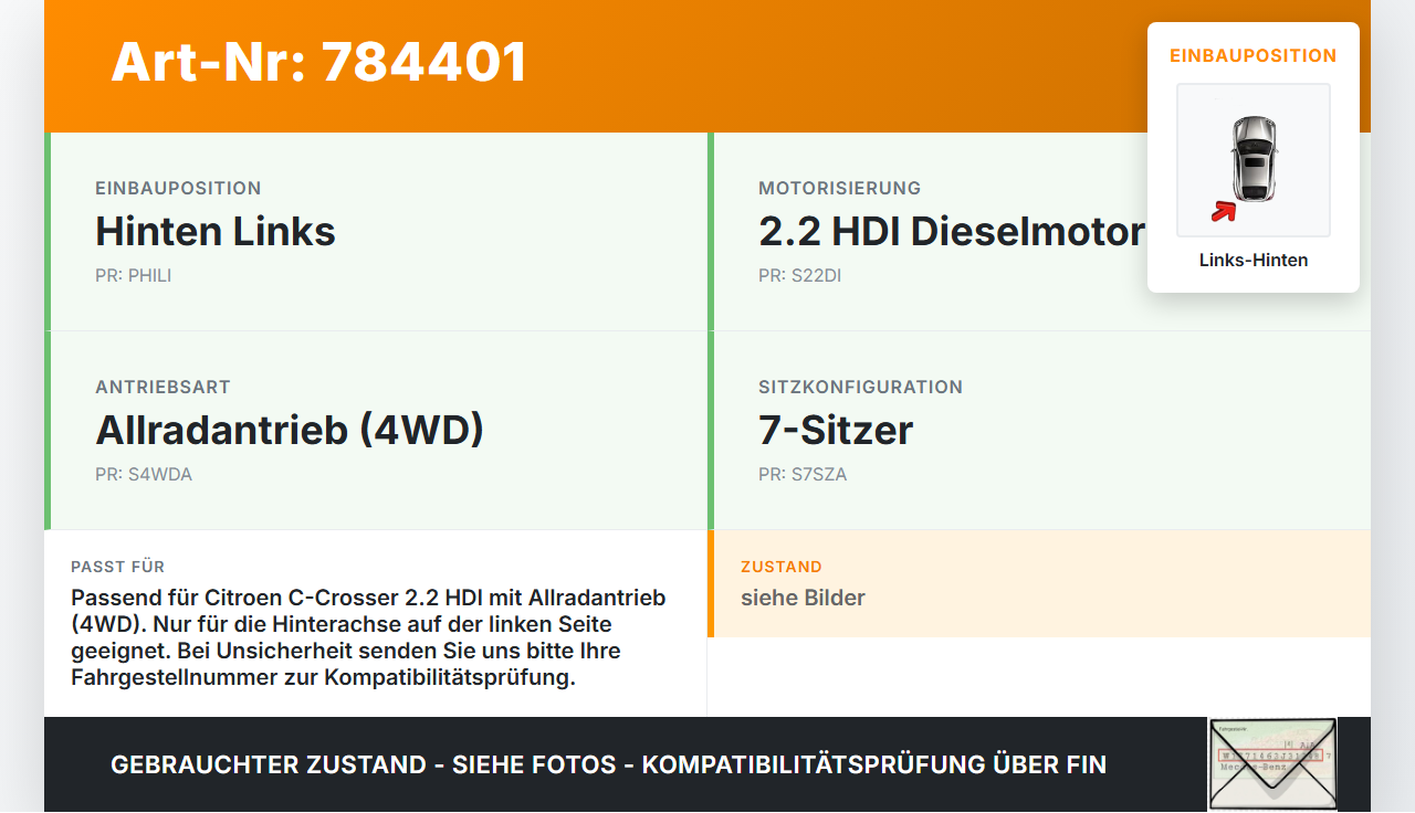 Citroen C-Crosser 07-12  HDI 2,2 115KW 4WD Antriebswelle Gelenkwelle Hinten Links Citroen C-Crosser 07-12... Vorschau 3