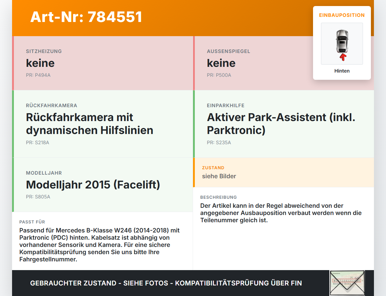 Mercedes W246 B180 14-18 PDC Kabelbaum Pos.1 Hinten Mercedes W246 B180 14-18 22.05.2015 gebraucht Vorschau 3