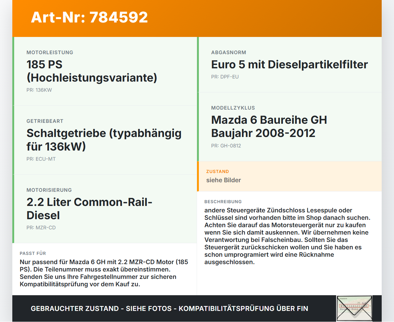 Mazda 6 GH 08-12 MZR-CD 2,2d 136KW Steuergerät ECU für Motor Motorsteuergerät Mazda 6 GH 08-12 30.09.2009 67880-F... Vorschau 3