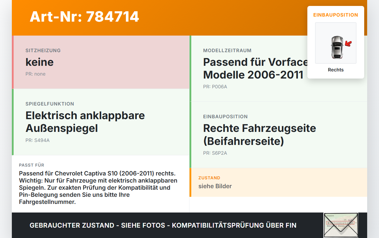 Chevrolet Captiva S10 06-11 Spiegel Aussenspiegel Rechts Chevrolet Captiva S10 06-11 22.11.2007 gebraucht Vorschau 3