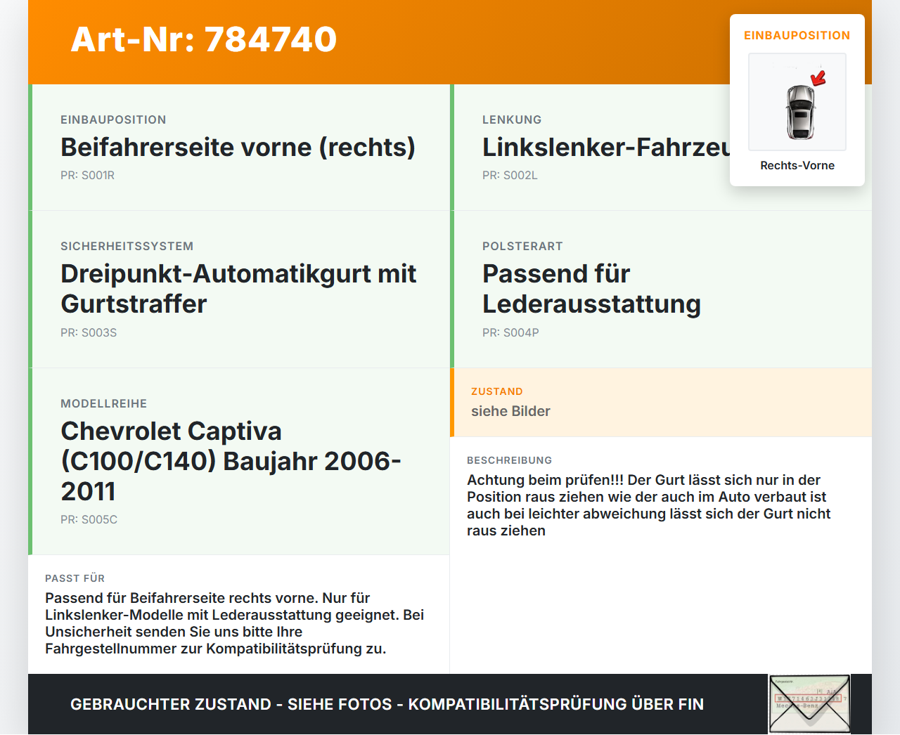 Chevrolet Captiva S10 06-11 Gurt Sicherheitsgurt für Beifahrer Rechts Vorne Chevrolet Captiva S10 06-11 22.11.2007... Vorschau 3