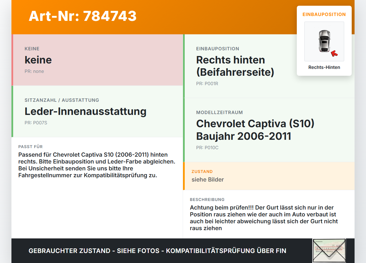 Chevrolet Captiva S10 06-11 Gurt Sicherheitsgurt Rechts Hinten Chevrolet Captiva S10 06-11 22.11.2007 gebraucht Vorschau 3