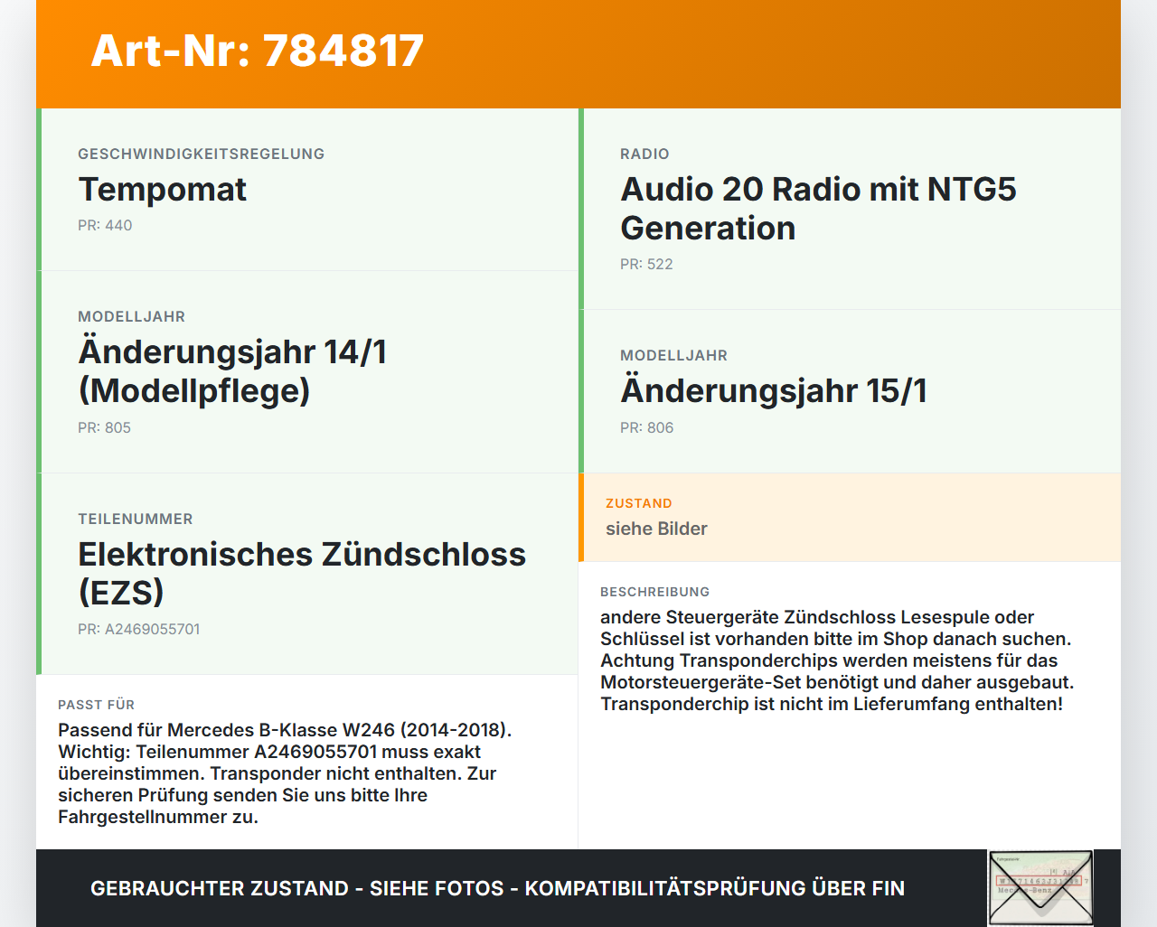 Mercedes W246 B180 14-18 Zündschloss Mercedes W246 B180 14-18 22.05.2015 A2469055701 10103665-00 gebraucht Vorschau 3