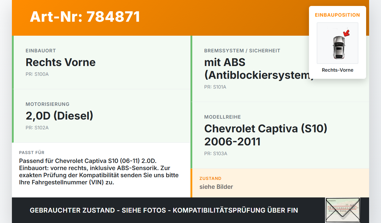 Chevrolet Captiva S10 06-11 2,0D 110KW Achsschenkel Radnabe mit ABS Rechts Vorne Chevrolet Captiva S10 06-11... Vorschau 3