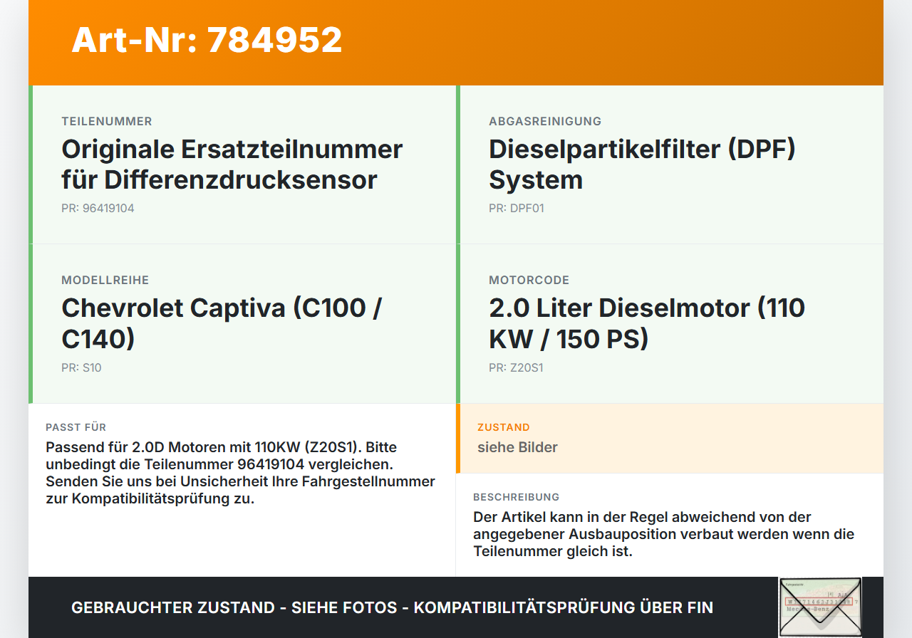 Chevrolet Captiva S10 06-11 2,0D 110KW Z20S1 Differenzdrucksensor Chevrolet Captiva S10 06-11 22.11.2007 96419104... Vorschau 3
