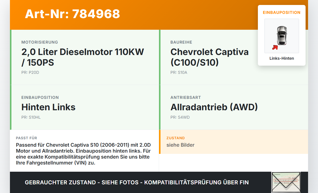 Chevrolet Captiva S10 06-11  2,0D 110KW Antriebswelle Gelenkwelle Hinten Links Chevrolet Captiva S10 06-11... Vorschau 3
