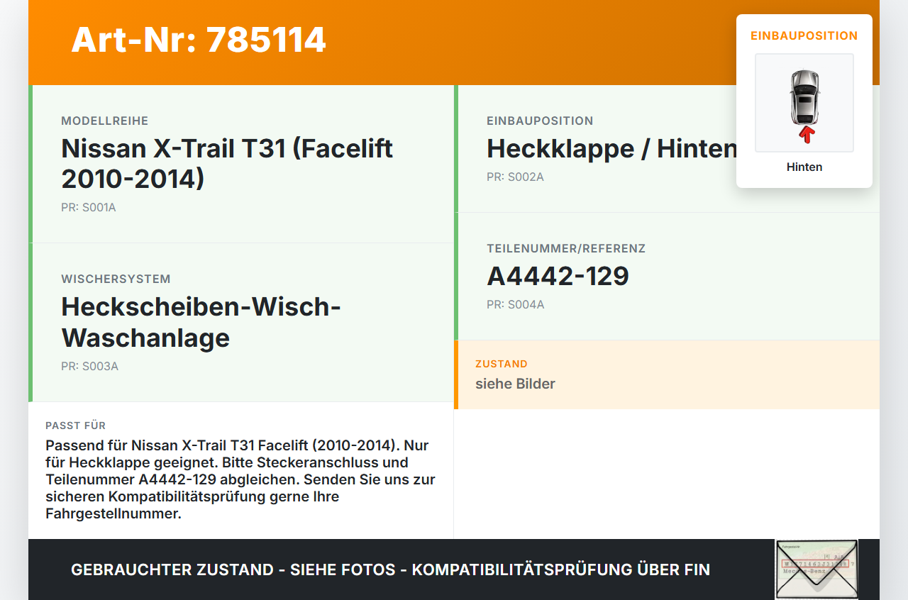 Nissan X-Trail T31 10-14 Wischermotor Hinten Heckwischermotor Nissan X-Trail T31 10-14 18.04.2012 A4442-129 gebraucht Vorschau 3