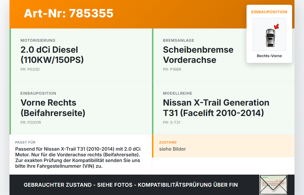 Nissan X-Trail T31 10-14 dCi 2,0 110KW Bremssattel Bremszange Vorne Rechts Nissan X-Trail T31 10-14 18.04.2012 gebraucht Vorschau 3