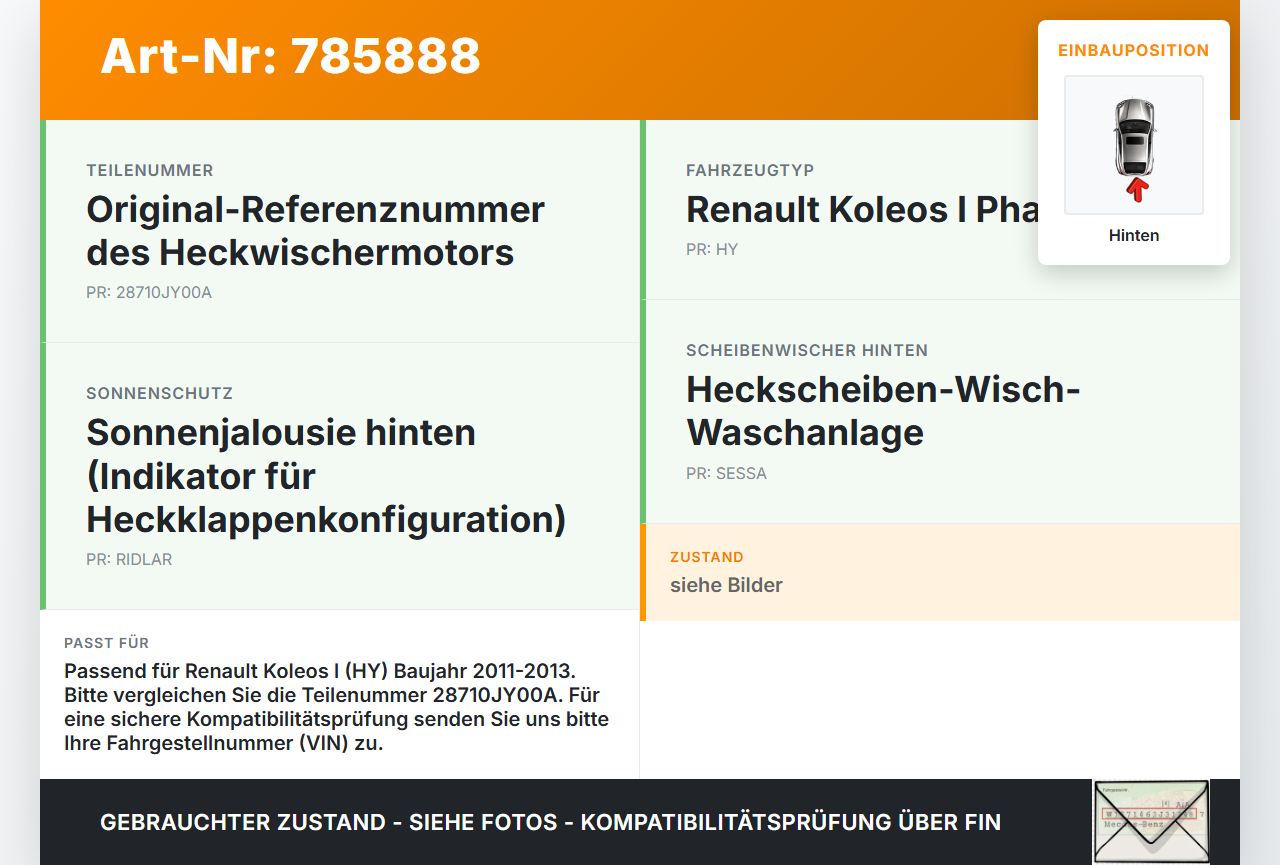 Renault Koleos I HY 11-13 Wischermotor Hinten Heckwischermotor Renault Koleos I HY 11-13 24.01.2012 28710JY00A... Vorschau 3