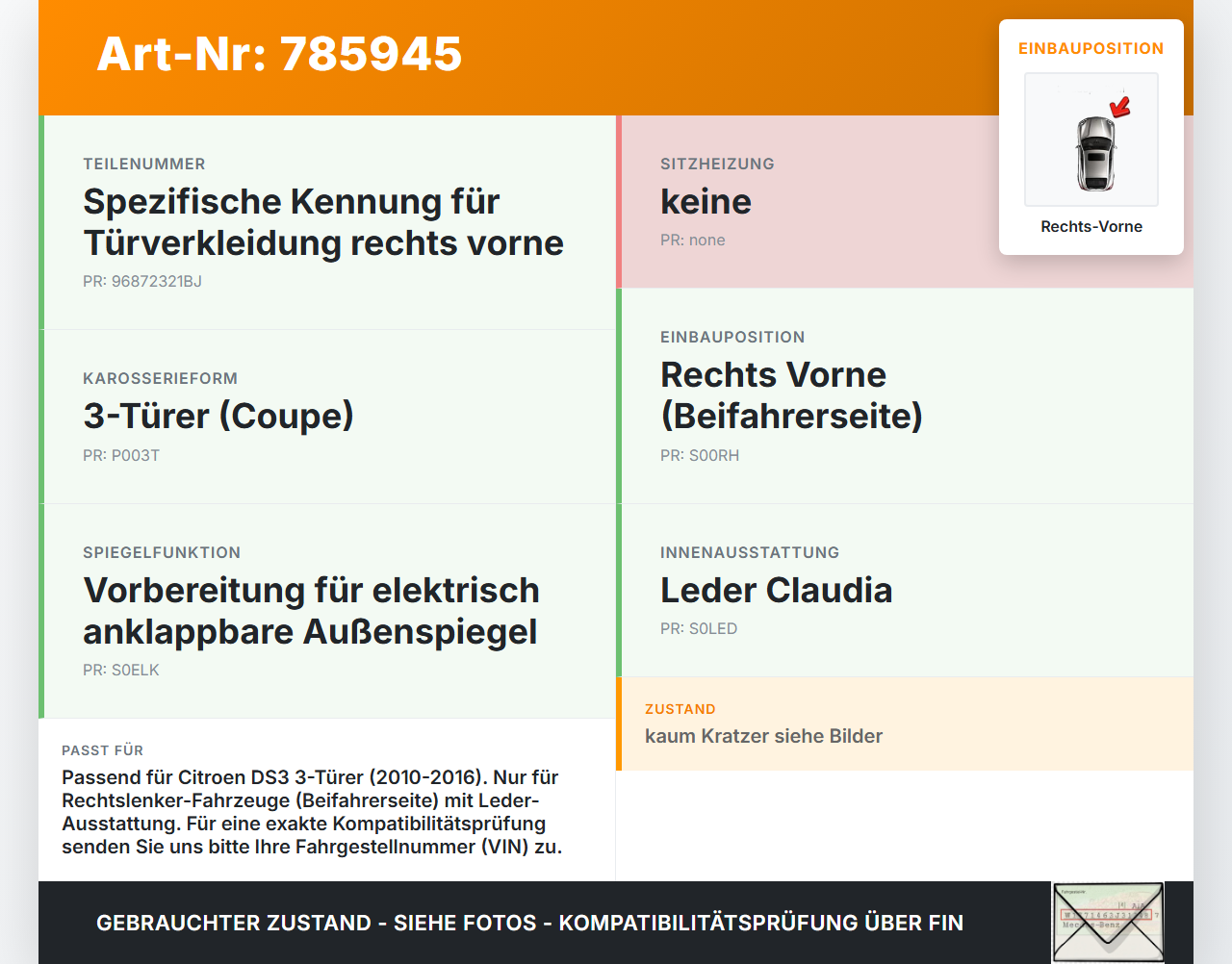 Citroen DS3 10-16 3T Türverkleidung Türpappe Rechts Vorne Citroen DS3 10-16 08.03.2010 96872321BJ gebraucht Vorschau 3