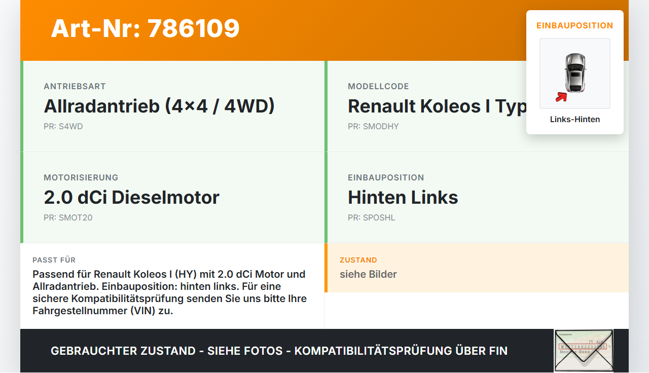 Renault Koleos I HY 11-13  dCi 2,0 110KW 4WD Antriebswelle Gelenkwelle Hinten Links Renault Koleos I HY 11-13... Vorschau 3