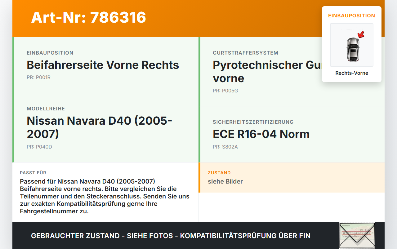 Nissan Navara NP300 D40 05-07 Gurtstraffer Beifahrer Rechts Vorne Nissan Navara NP300 D40 05-07 01.05.2006... Vorschau 3