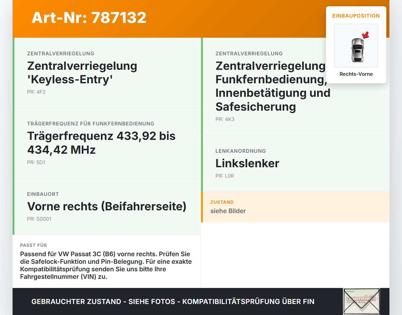 VW Passat 3C B6 05-10 Kombi Türschloss m. ZV Stellmotor Rechts Vorne VW Passat 3C B6 05-10 17.10.2006 301837015A... Vorschau 3