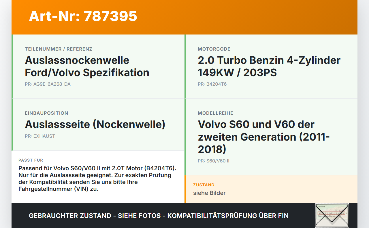 Volvo S60 V60 II 11-18 2,0T 149KW B4204T6 Nockenwelle Auslass Volvo S60 V60 II 11-18 28.12.2010 AG9G-6A272-BC gebraucht Vorschau 3