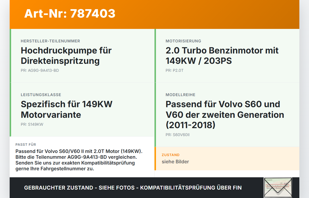 Volvo S60 V60 II 11-18 2,0T 149KW Kraftstoffpumpe Volvo S60 V60 II 11-18 28.12.2010 AG9G-9A413-BD gebraucht Vorschau 3