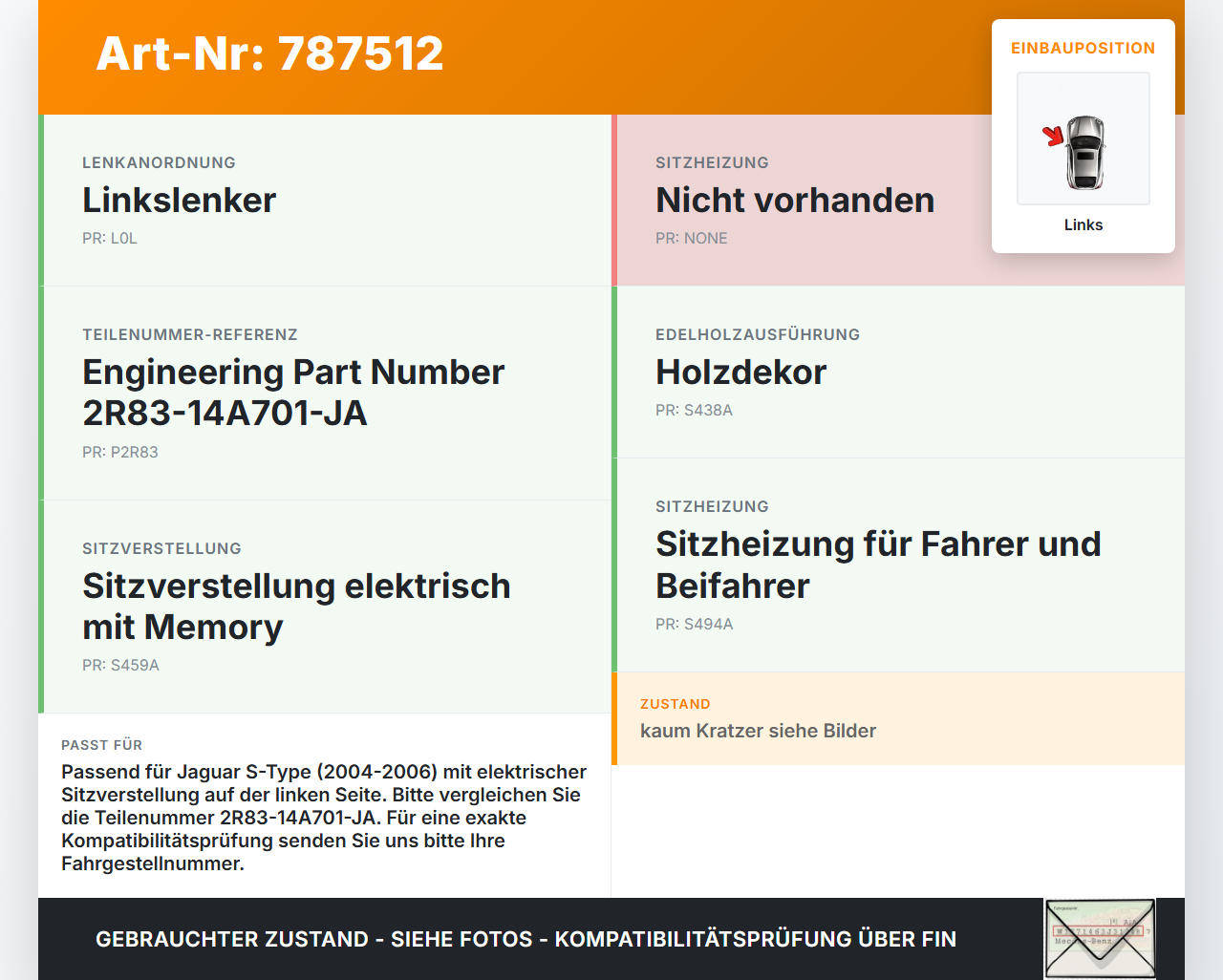 Jaguar S-Type 04-06 Sitzverstellung Schalter Links Jaguar S-Type 04-06 24.09.2007 2R83-14A701-JA 03457282 gebraucht Vorschau 3