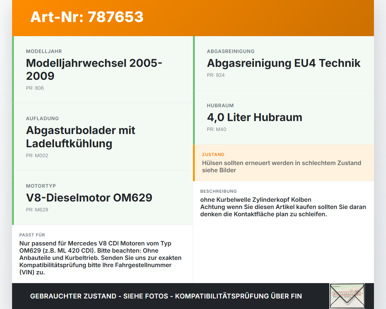 Mercedes W164 ML420 05-09 CDI 4,0 225KW 629912 Motorblock für Motor 629912 V8 Mercedes W164 ML420 05-09 17.11.2006... Vorschau 3