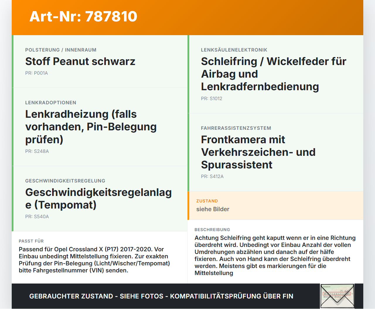Opel Crossland X P17 17-20 Airbag Schleifring Wickelfeder Opel Crossland X P17 17-20 11.10.2018 10125462-07 gebraucht Vorschau 3