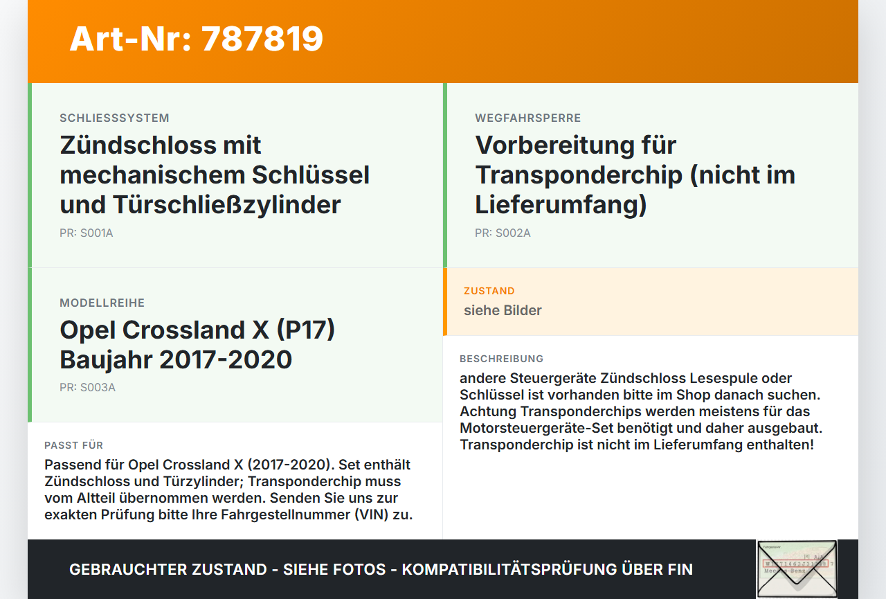 Opel Crossland X P17 17-20 Zündschloss 1x Schlüssel Türschliesszylinder Opel Crossland X P17 17-20 11.10.2018 gebraucht Vorschau 3