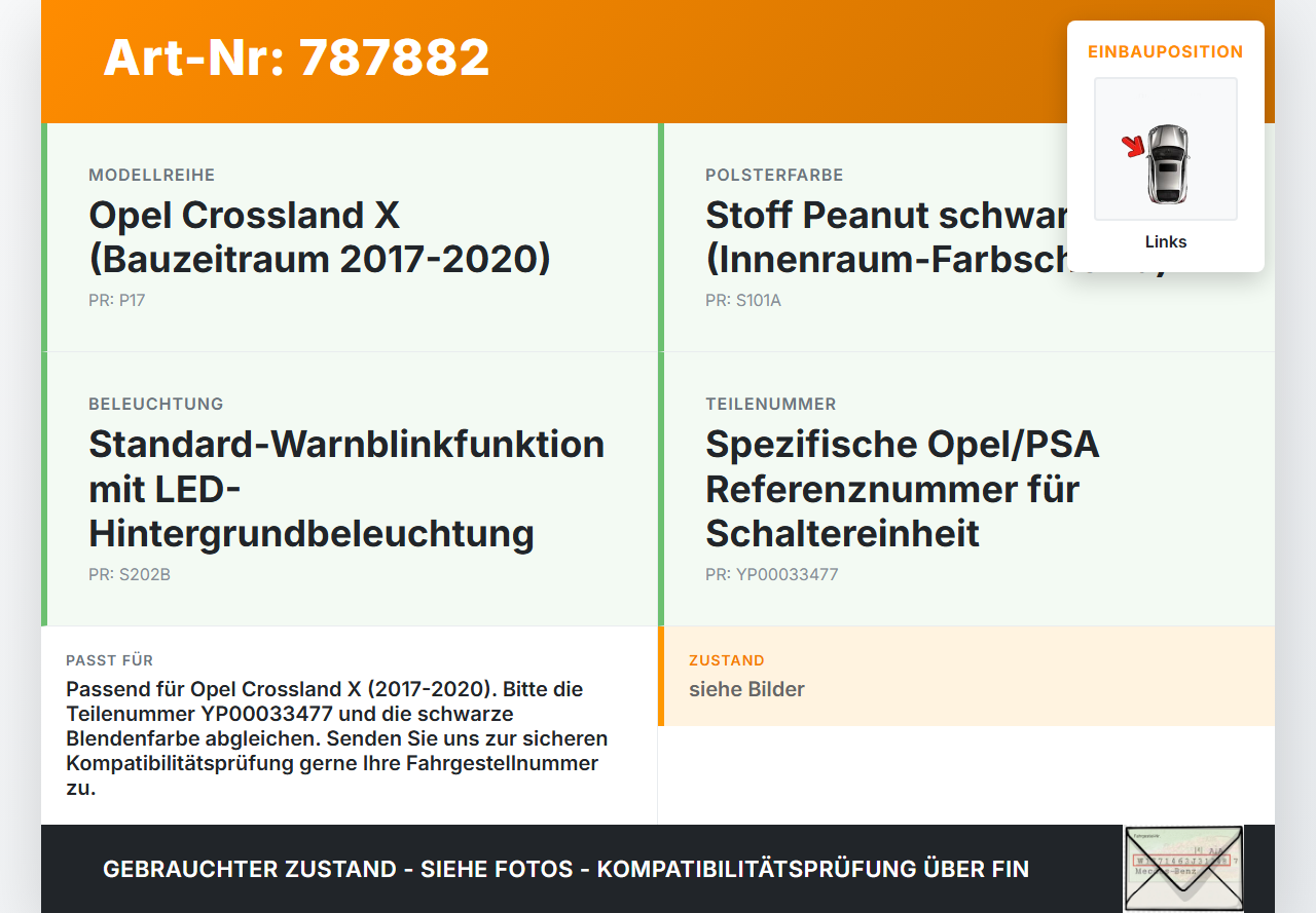 Opel Crossland X P17 17-20 Warnblinkschalter Schalter Opel Crossland X P17 17-20 11.10.2018 YP00033477 gebraucht Vorschau 3