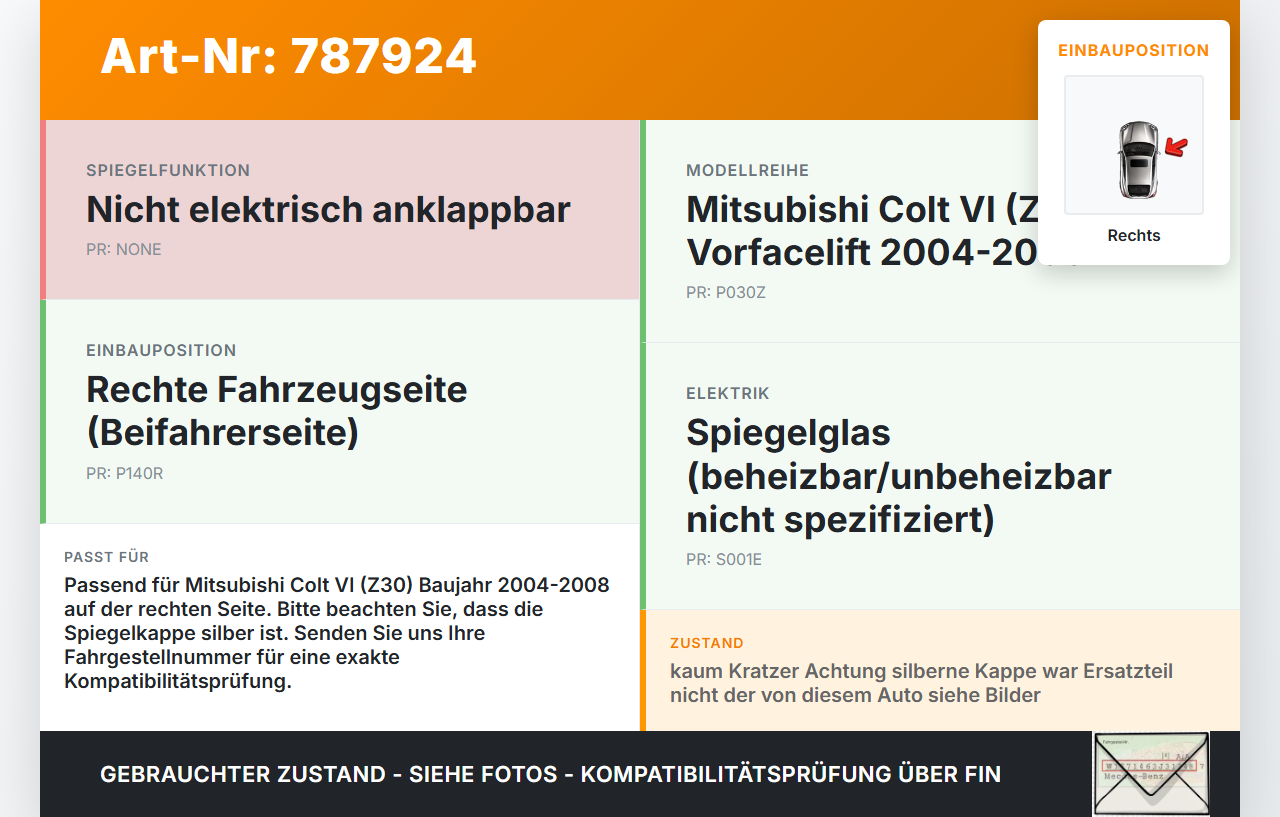 Mitsubishi Colt VI Z30 04-08 Spiegel Aussenspiegel Rechts P14 Mitsubishi Colt VI Z30 04-08 22.09.2004 gebraucht Vorschau 3