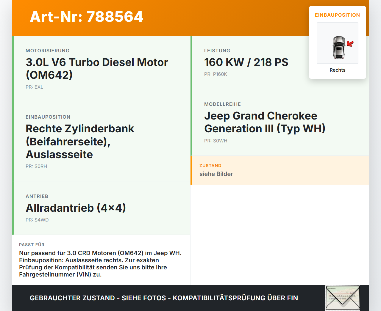 Jeep Grand Cherokee III WH 05-10 CRD 3,0 160KW EXL 642.980 Nockenwelle Auslass Rechts Jeep Grand Cherokee III WH... Vorschau 3