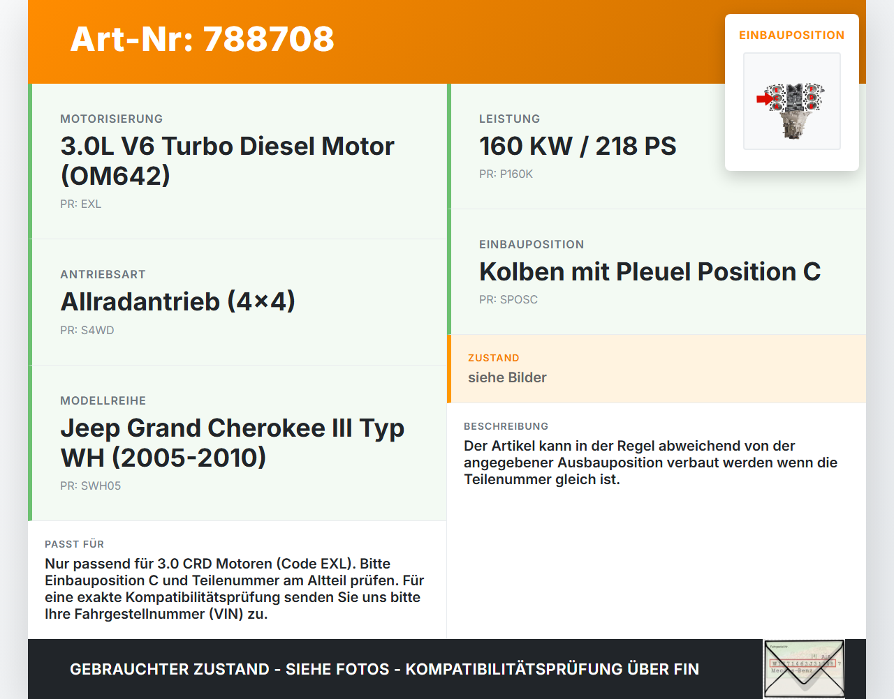 Jeep Grand Cherokee III WH 05-10 CRD 3,0 160KW EXL 642.980 Kolben mit Pleuel Pos C Jeep Grand Cherokee III WH 05-10... Vorschau 3