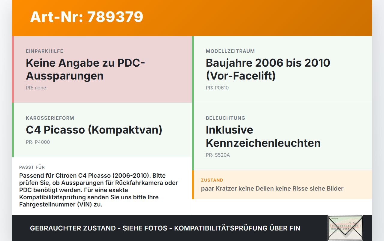Citroen C4 Picasso 06-10 Heckblende Kennzeichenblende Kennzeichenleuchten Citroen C4 Picasso 06-10 08.11.2010 gebraucht Vorschau 3