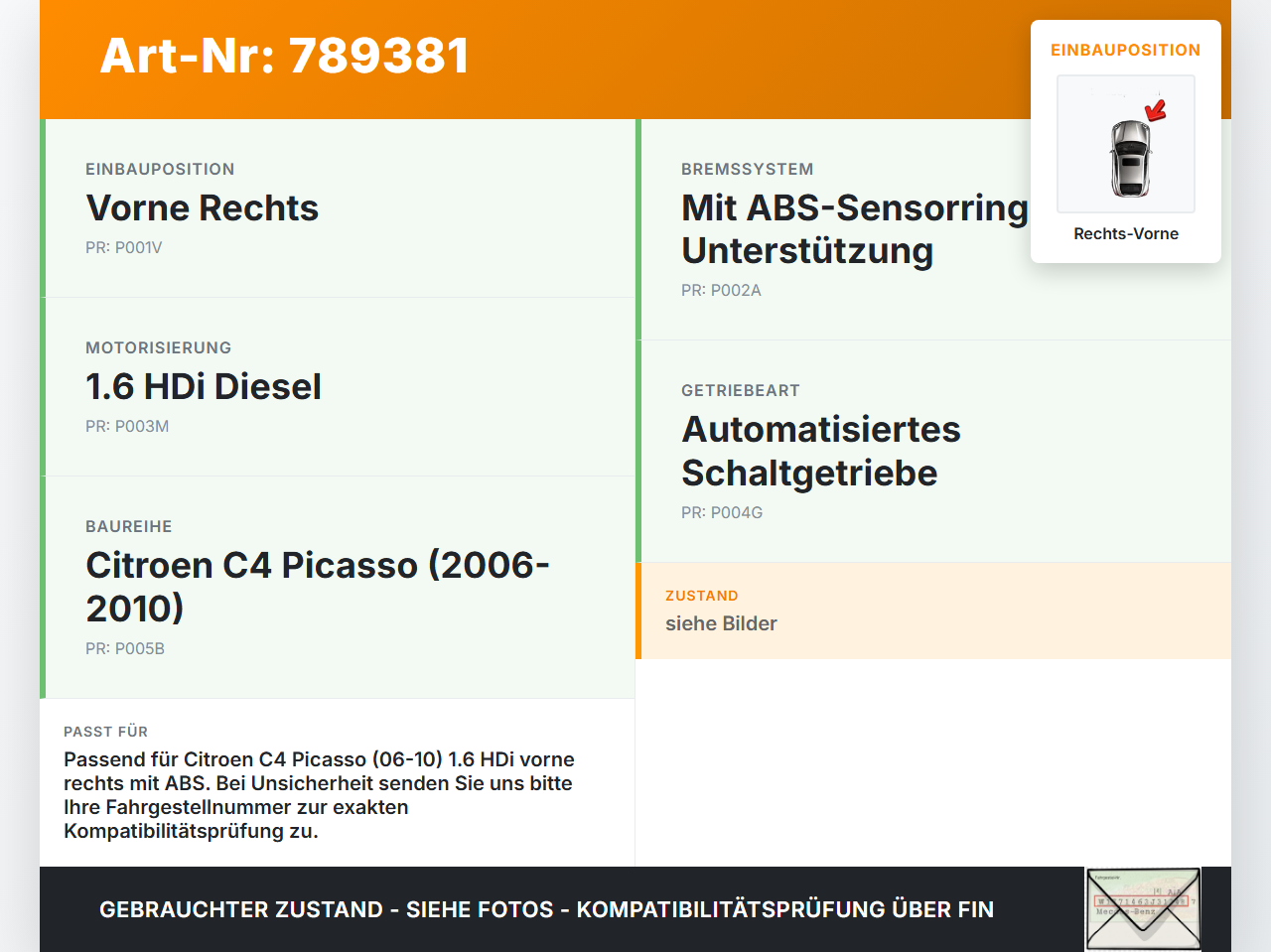 Citroen C4 Picasso 06-10 HDi 1,6 82KW Achsschenkel Radnabe mit ABS Rechts Vorne Citroen C4 Picasso 06-10 08.11.2010... Vorschau 3