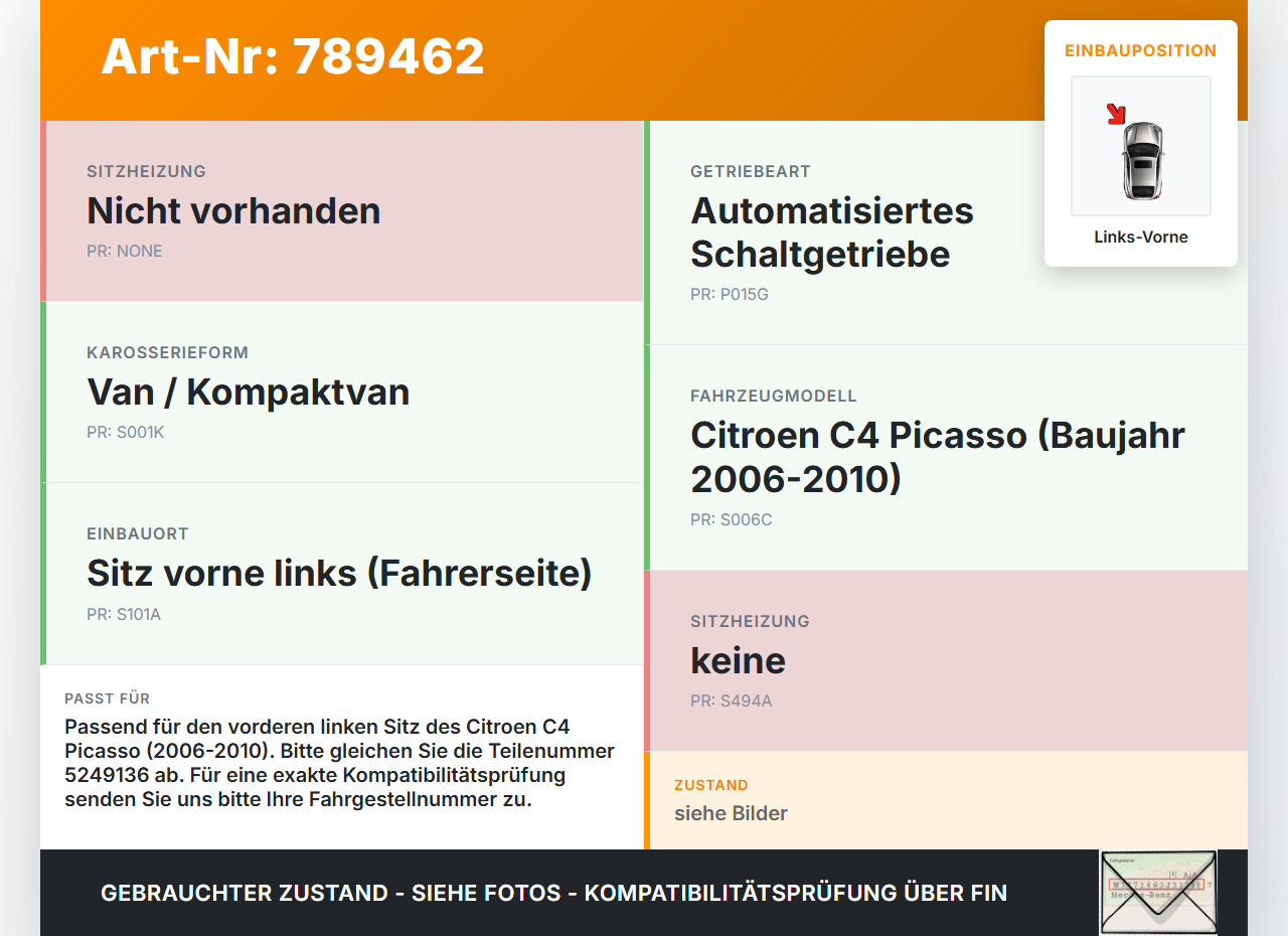 Citroen C4 Picasso 06-10 HDi 1,6 82KW Rückenblende für Sitz Links Vorne Citroen C4 Picasso 06-10 08.11.2010 5249136... Vorschau 3