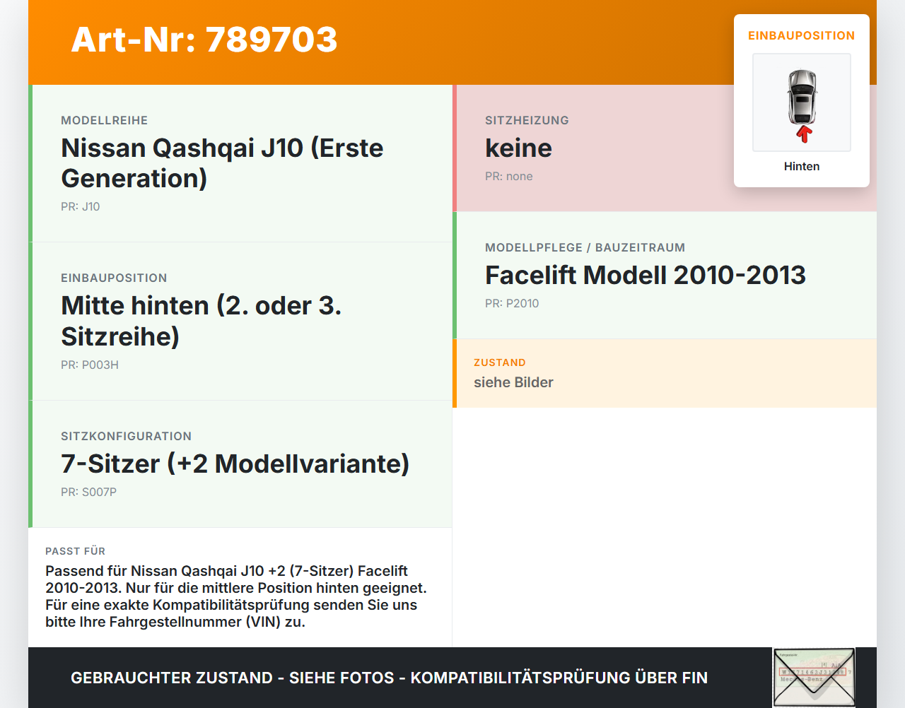 Nissan Qashqai J10 +2 10-13 Kopfstütze Mitte Hinten Nissan Qashqai J10 +2 10-13 01.12.2010 gebraucht Vorschau 3
