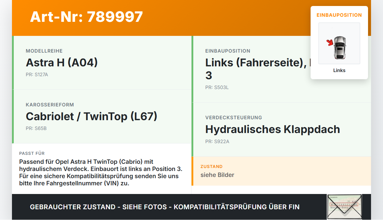 Opel Astra H TwinTop Cabriolet Zylinder Hydraulikzylinder Hydraulik für Verdeck Links Pos.3 Opel Astra H TwinTop... Vorschau 3