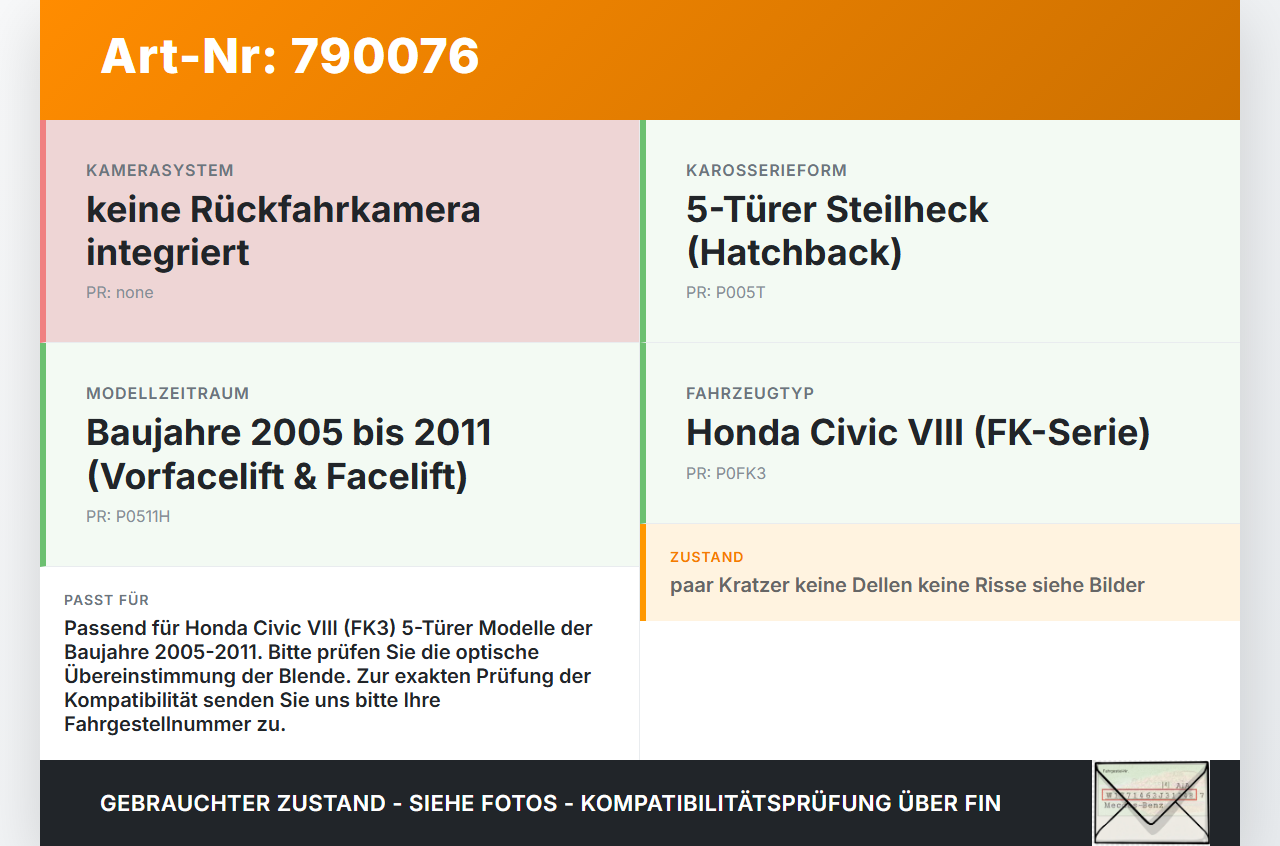 Honda Civic VIII FK3 05-11 5T Blende Aussen Verkleidung für Heckklappe Honda Civic VIII FK3 05-11 01.06.2006 gebraucht Vorschau 3