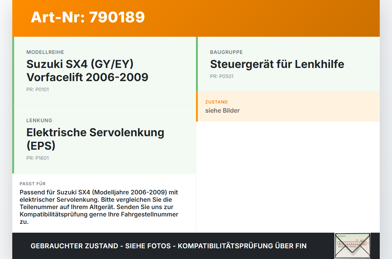 Suzuki SX4 GY EY 06-09 Steuergerät ECU Modul SG für Elektr. Lenkhilfe Suzuki SX4 GY EY 06-09 01.04.2008 38720-79JC0... Vorschau 3