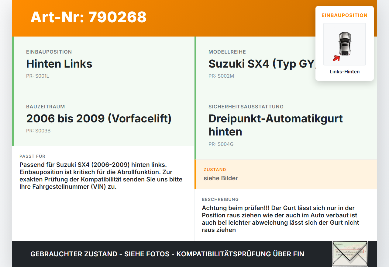 Suzuki SX4 GY EY 06-09 Gurt Sicherheitsgurt Links Hinten Suzuki SX4 GY EY 06-09 01.04.2008 gebraucht Vorschau 3