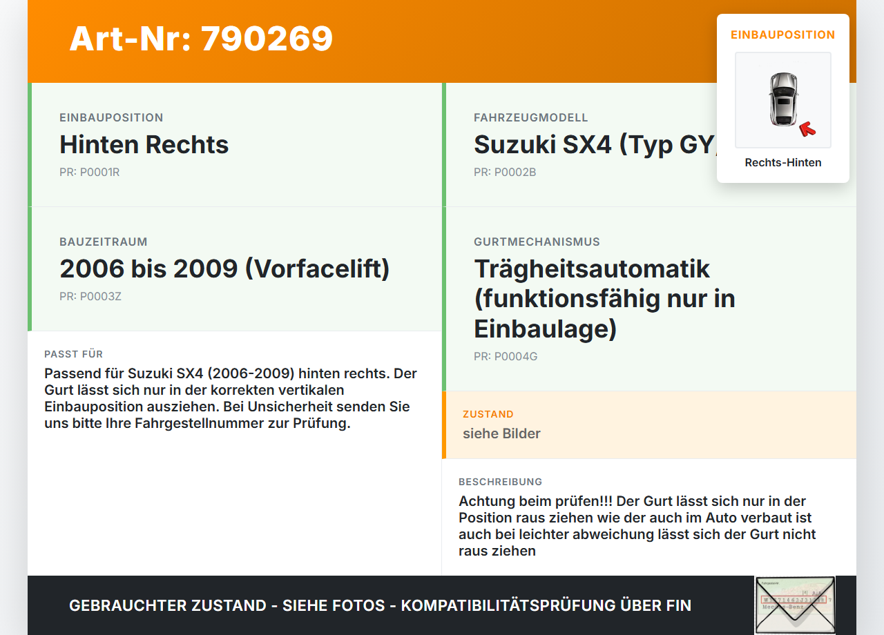 Suzuki SX4 GY EY 06-09 Gurt Sicherheitsgurt Rechts Hinten Suzuki SX4 GY EY 06-09 01.04.2008 gebraucht Vorschau 3